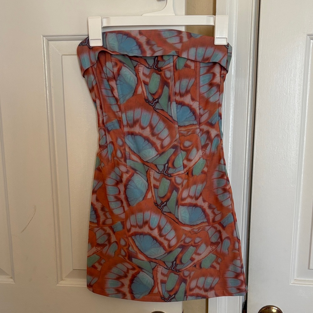 With Jean Strapless Dress in Orange and Blue